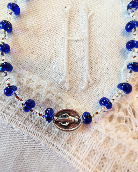 Handmade Miraculous Medal Bracelet: Miyuki Cobalt Beads, Silver Plated