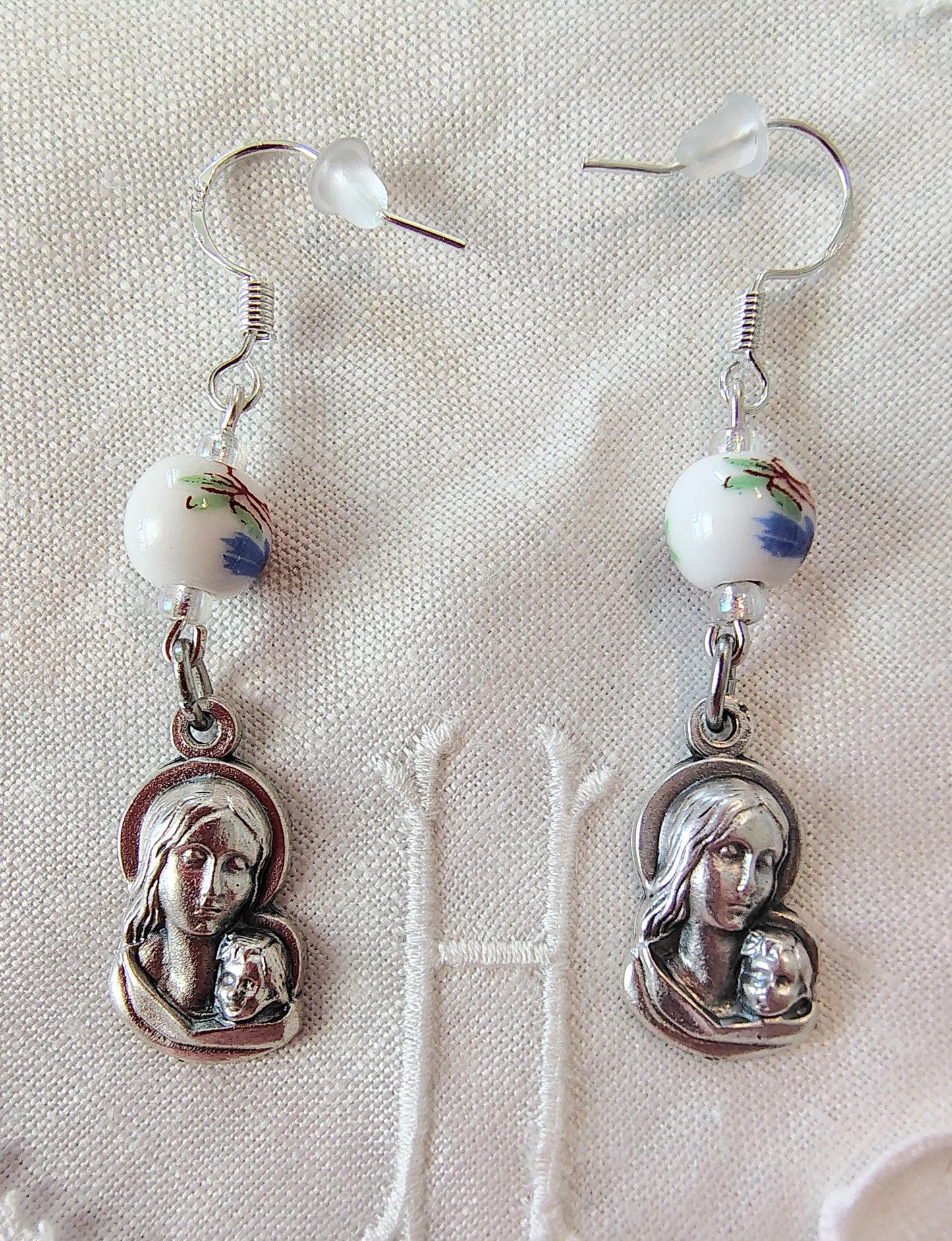 Custom Madonna and Child Floral Dangle Catholic earrings Color Porcelain Pieced or clip-on options