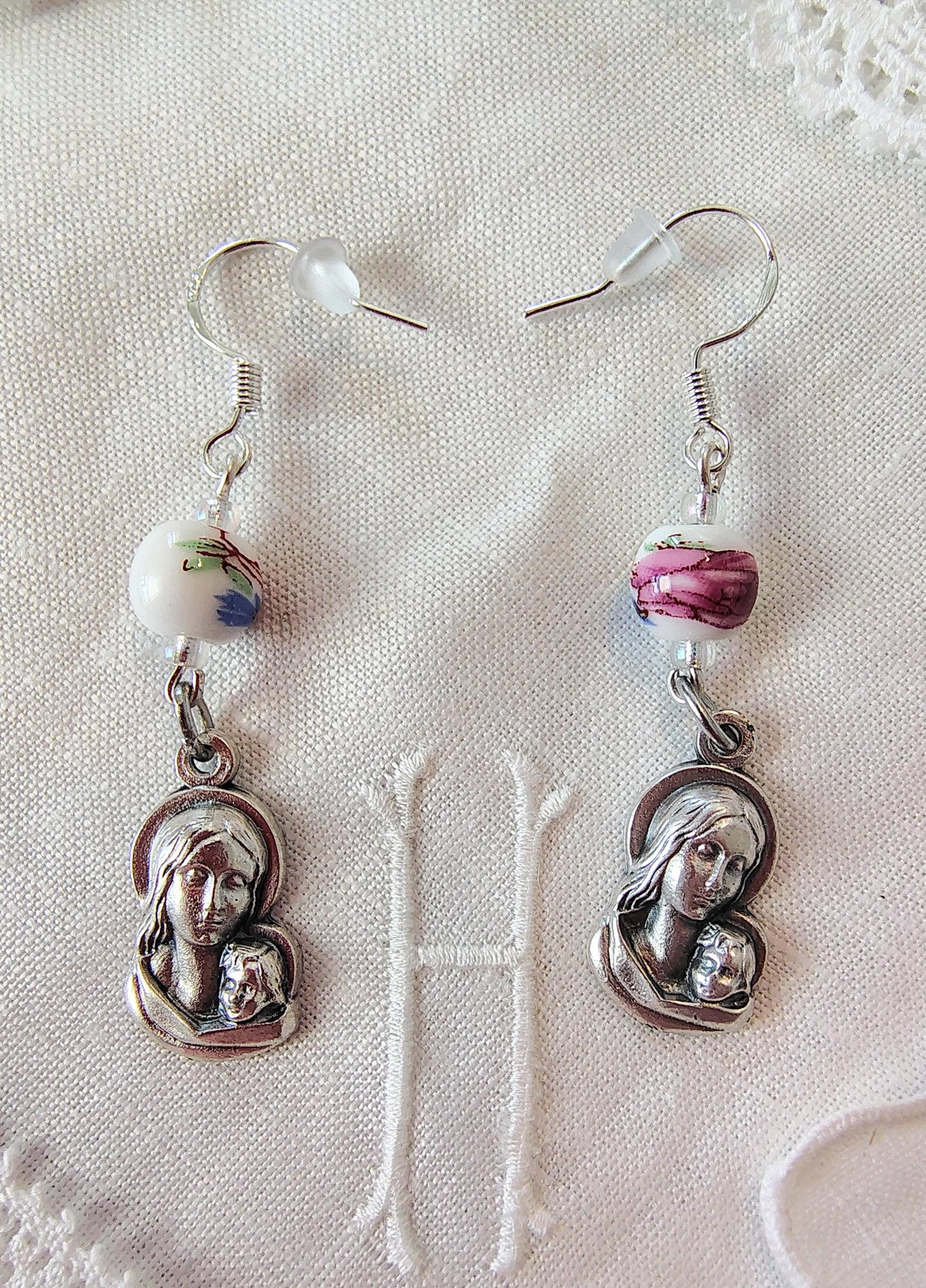 Custom Madonna and Child Floral Dangle Catholic earrings Color Porcelain Pieced or clip-on options