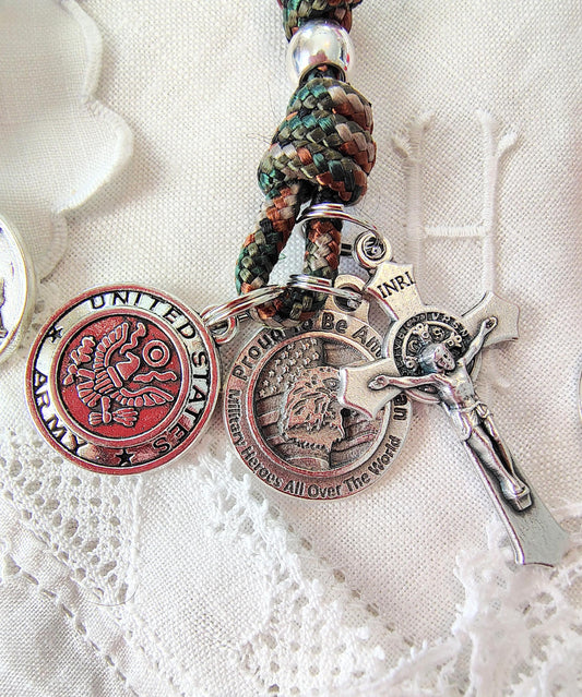 Customizable by branch Military Hand Knotted Paracord Tenner Rosary gift Set Saint Michael, St. Benedict, Warrior Medal, Prayer Cards
