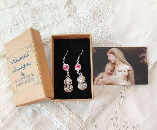 Custom Madonna and Child Floral Dangle Catholic earrings Color Porcelain Pieced or clip-on options
