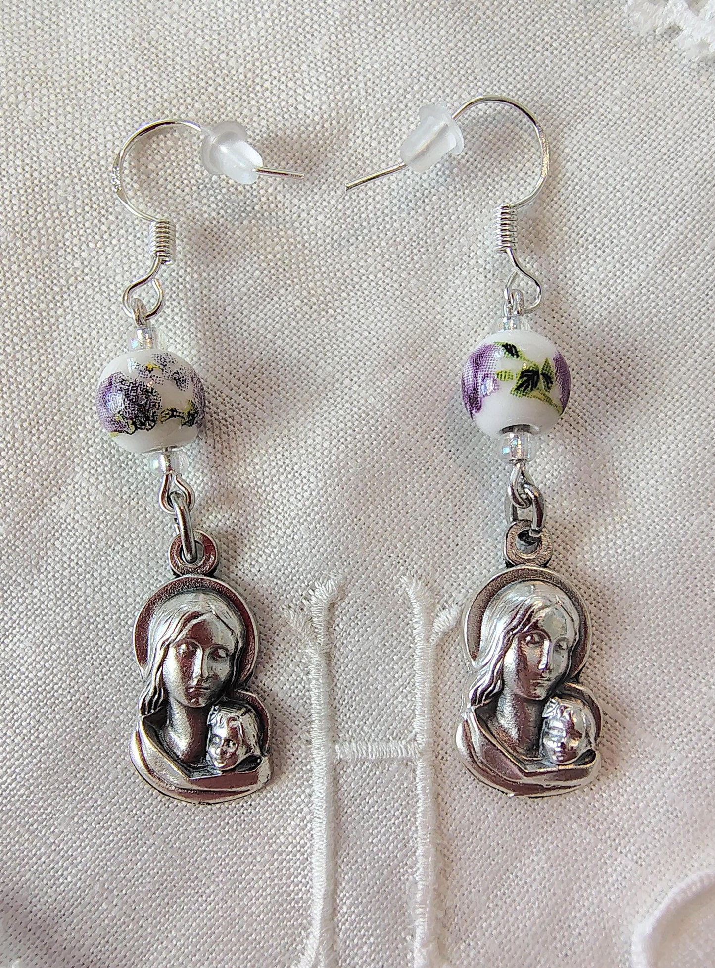 Custom Madonna and Child Floral Dangle Catholic earrings Color Porcelain Pieced or clip-on options