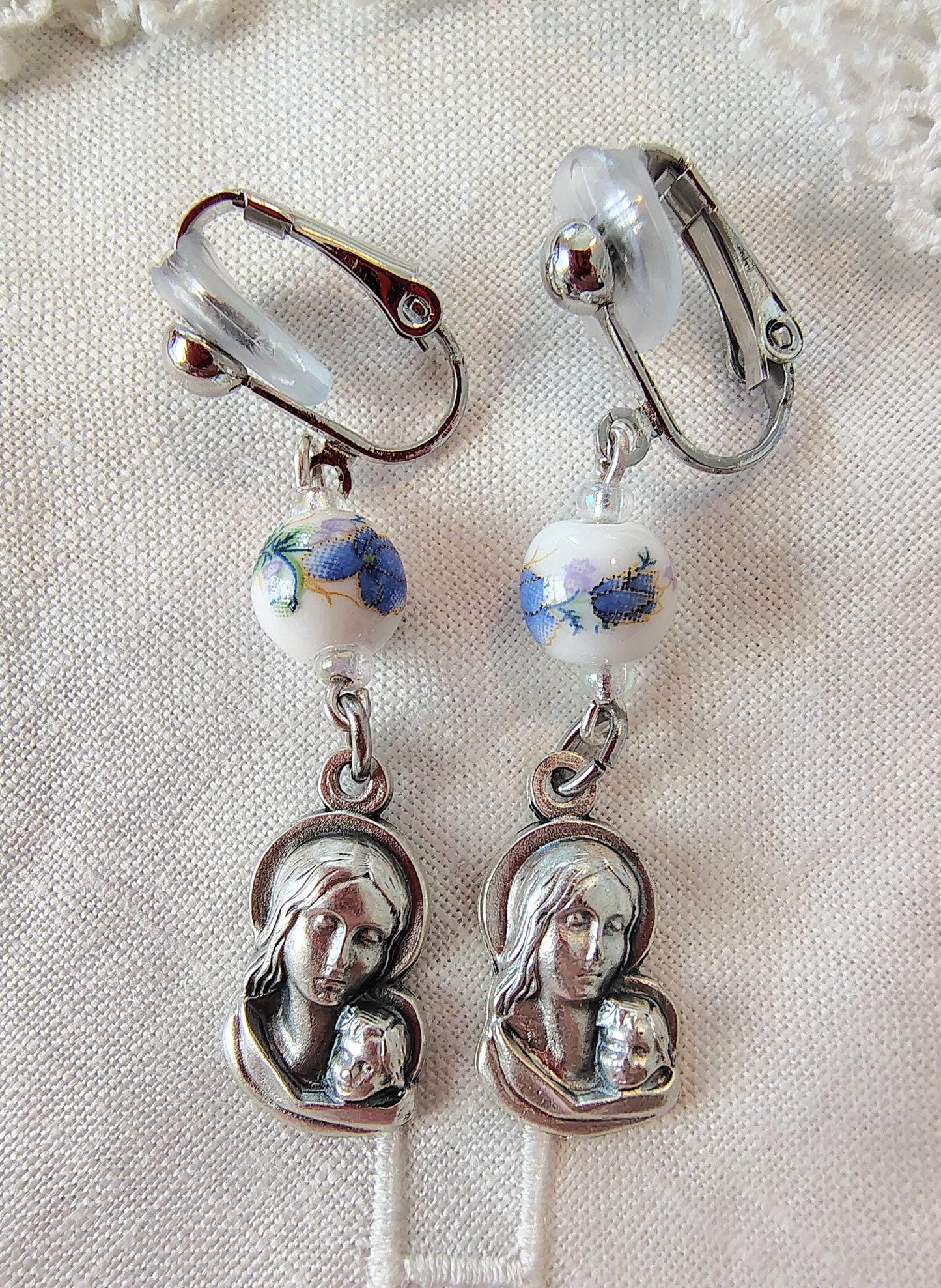 Custom Madonna and Child Floral Dangle Catholic earrings Color Porcelain Pieced or clip-on options