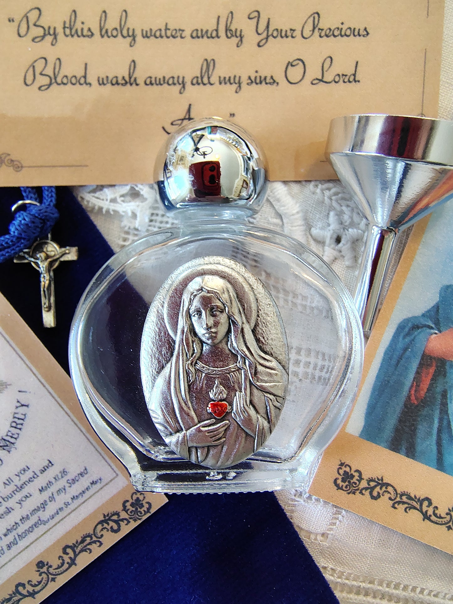Coffret eau bénite - Cœur Immaculé de Marie Cadeau catholique Baptême première communion Confirmation Noël Anniversaire Chrétien
