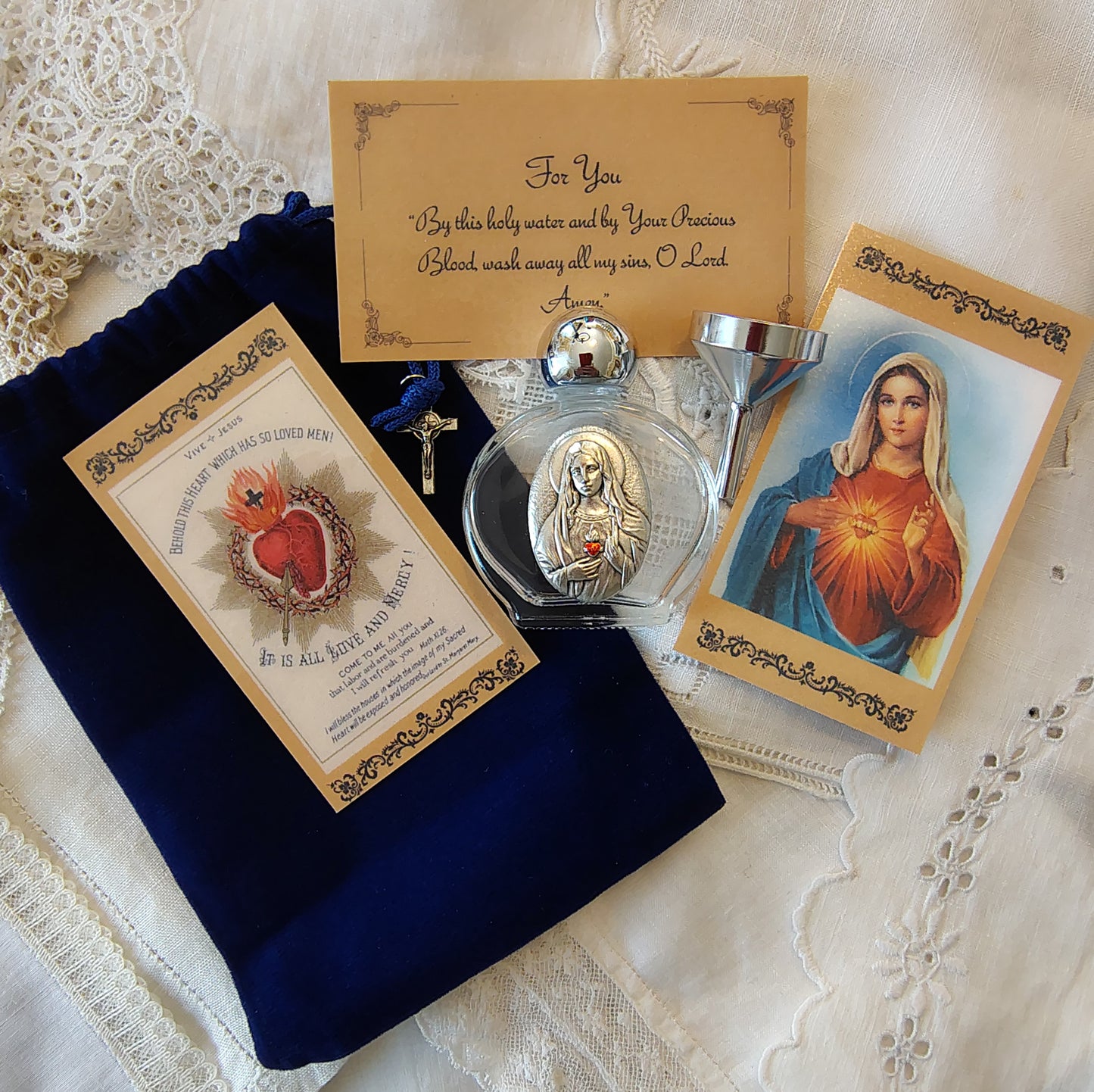 Coffret eau bénite - Cœur Immaculé de Marie Cadeau catholique Baptême première communion Confirmation Noël Anniversaire Chrétien