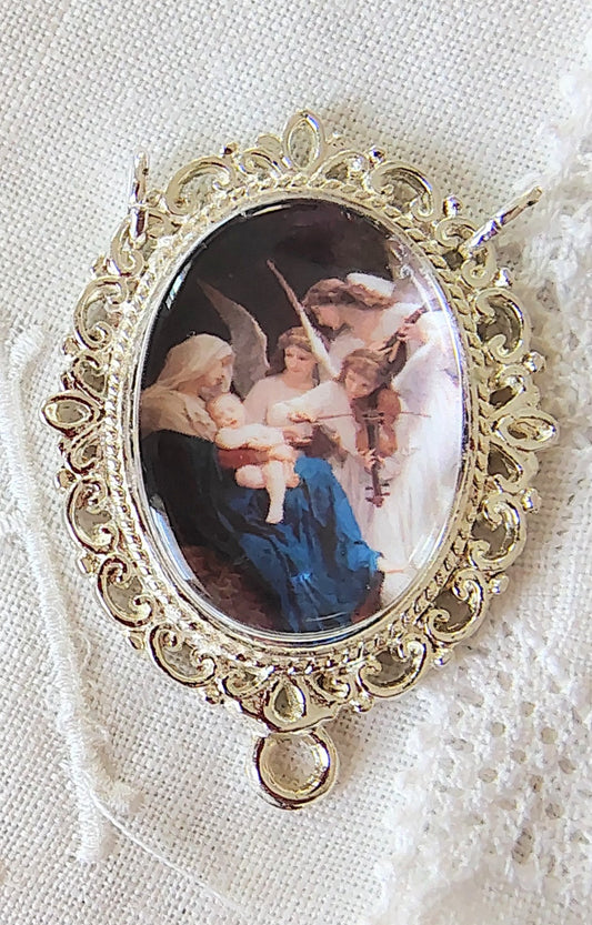 Rosary Centerpiece Bouguereau "Song of the Angels" Catholic Pendant Miniature Sacred Art Silver or Gold Plated Handmade Czech Cabochon