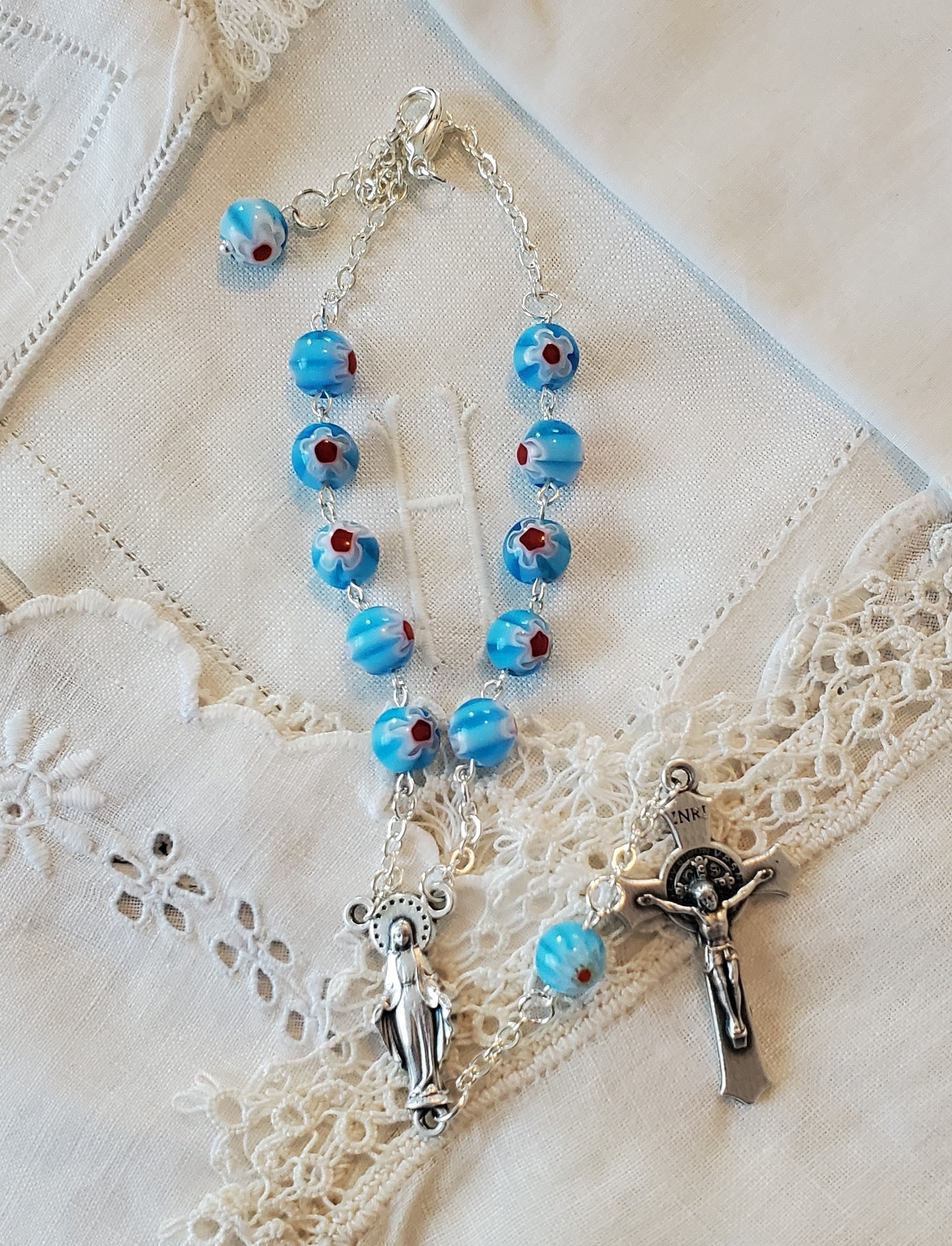 Handmade light blue, white and red floral millifiori linked car rosary