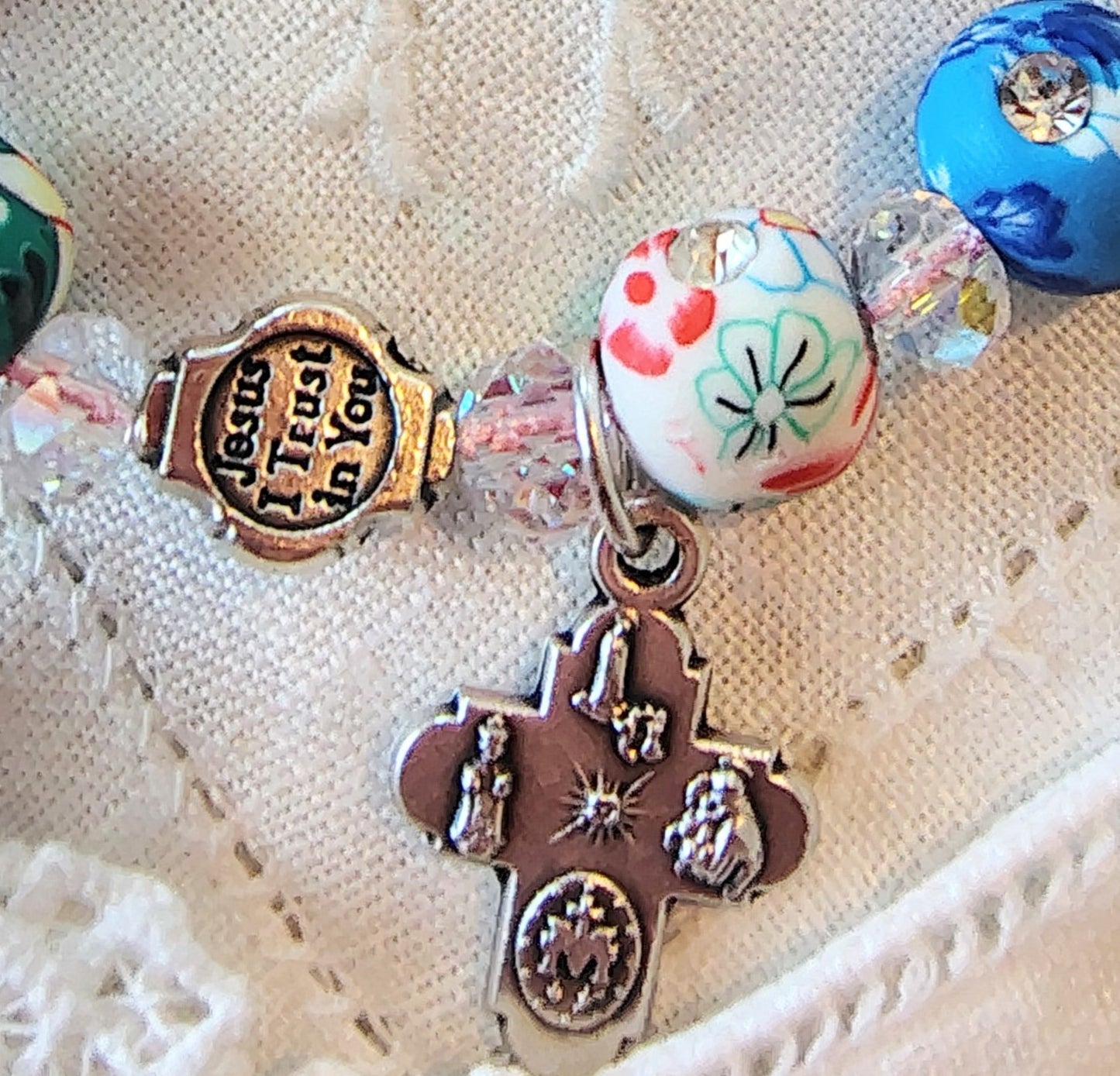 Scapular medal and Divine Mercy Bead rhinestone studded cross w/polymer clay floral beads, 4mm Crystal AB rondelles, pink nylon .5mm cord