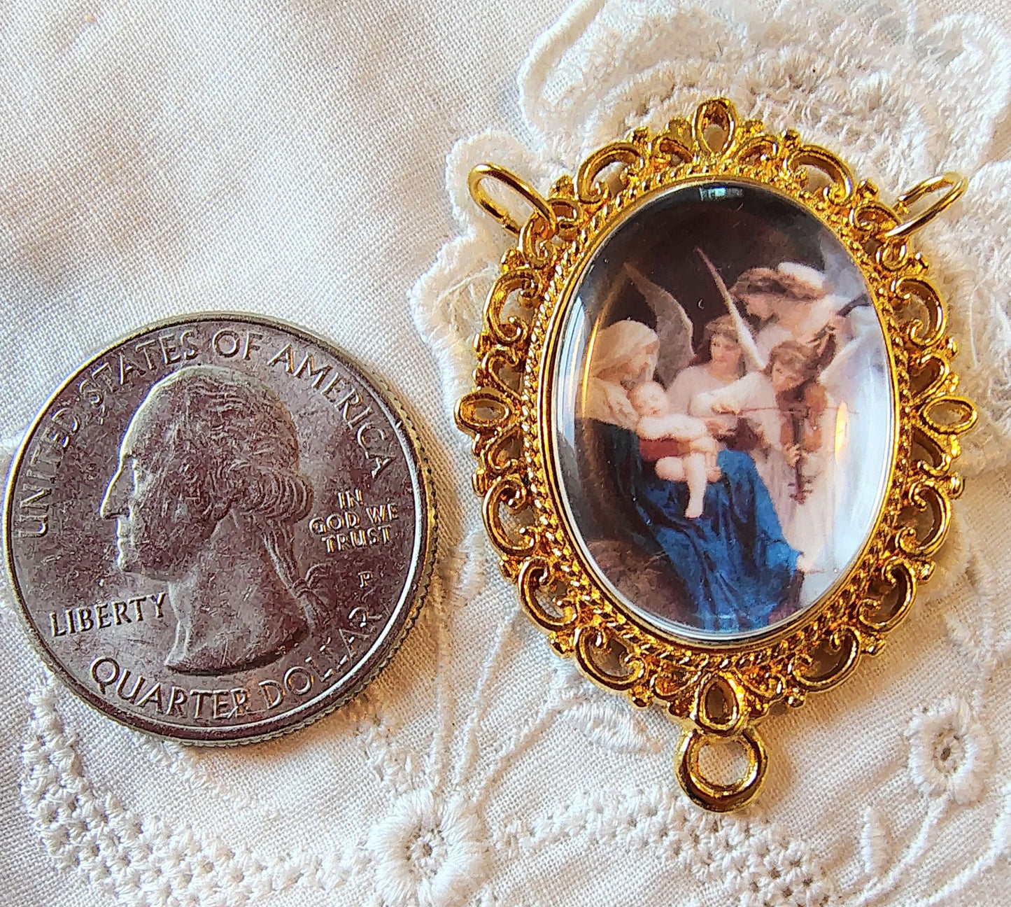 Rosary Centerpiece Bouguereau "Song of the Angels" Catholic Pendant Miniature Sacred Art Silver or Gold Plated Handmade Czech Cabochon